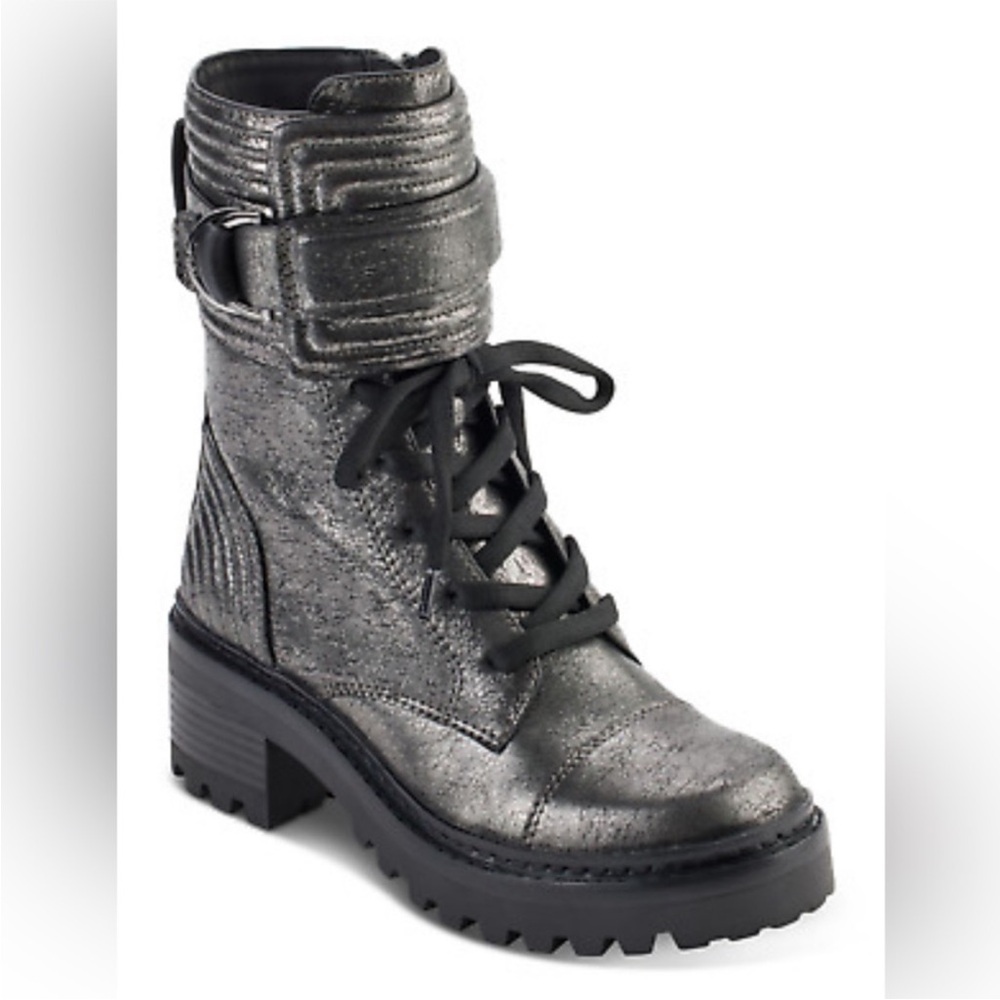 DKNY Basia Leather Gunmetal Silver Combat Lug Sole Boot US 5 EU 35 Big Kids 3.5